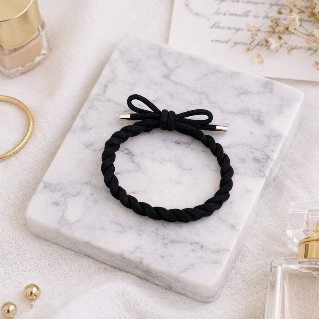 Braided Bow Hair Tie Bracelet — Gold Tip Elastic
