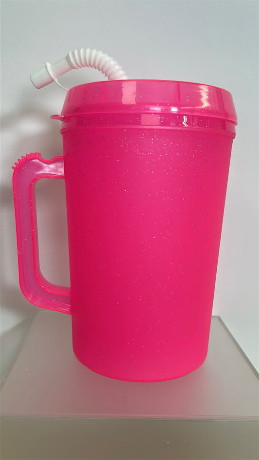 Hot Pink Glitter🥤 Mega Mug – 34oz Oversized Cup with Handle & Straw