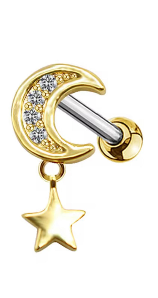 Gold Moon & Star Dangle Nose Stud β 20G / 7mm