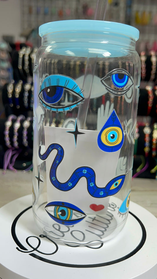 Blue Evil Eye 16oz Glass Cup