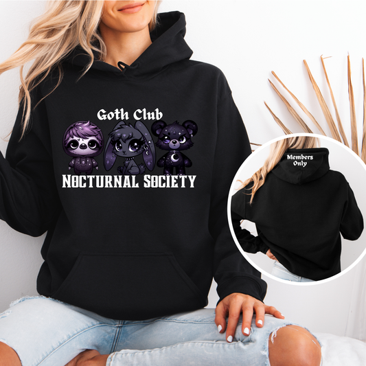 Model showcasing the Goth Club Nocturnal Society Hoodie from Grimm & Friends Goth Collection