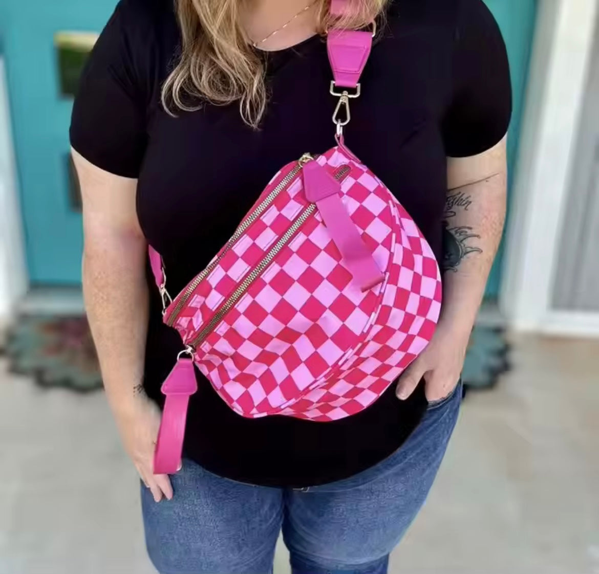 Checkerboard Crossbody Bag – Hot Pink