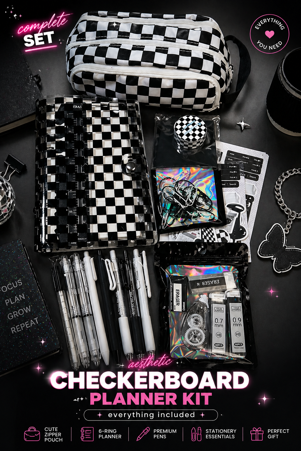 All-In-One Checkerboard Planner Kit – 6-Ring Binder + Pens, Stickers & Full Setup