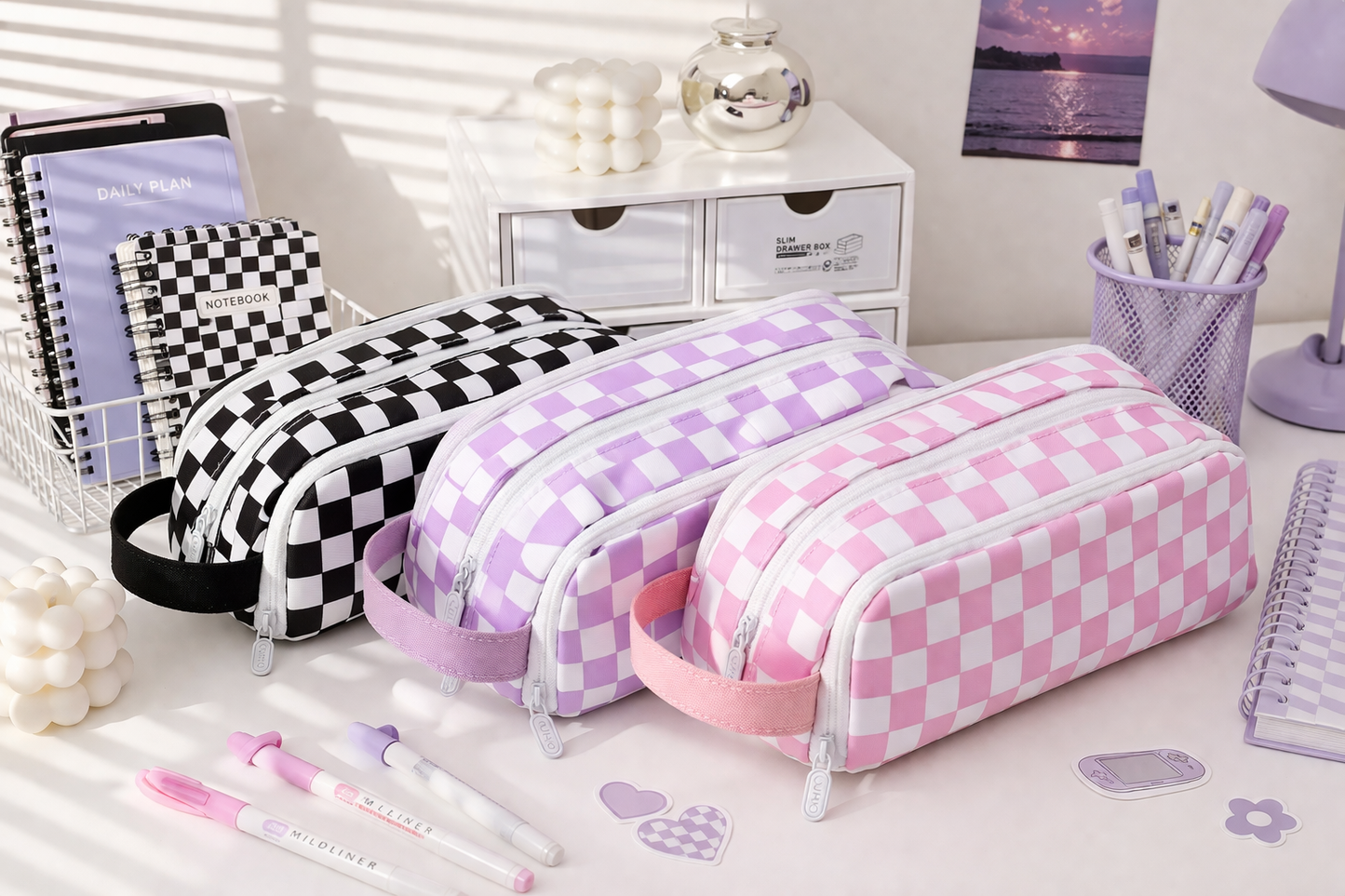 Checkered Double-Zip Pouch (Black, Lavender, Pink)