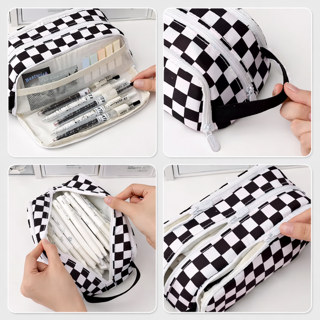 Checkered Double-Zip Pouch (Black, Lavender, Pink)