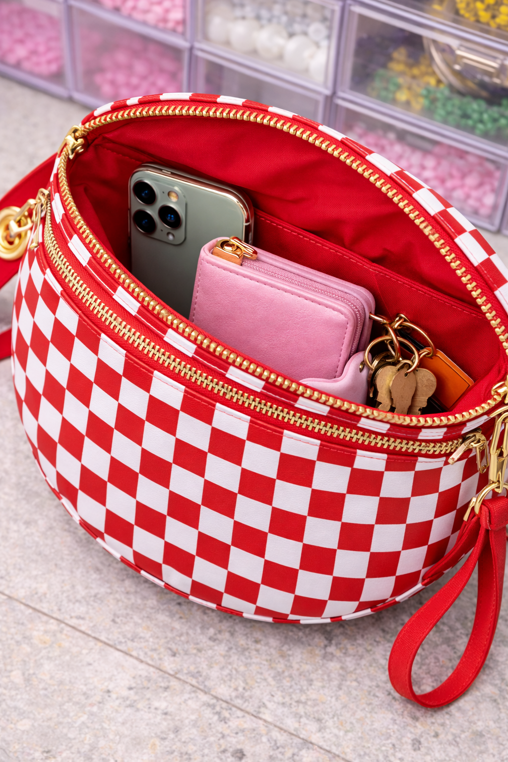 Checkerboard Crossbody Bag - Red