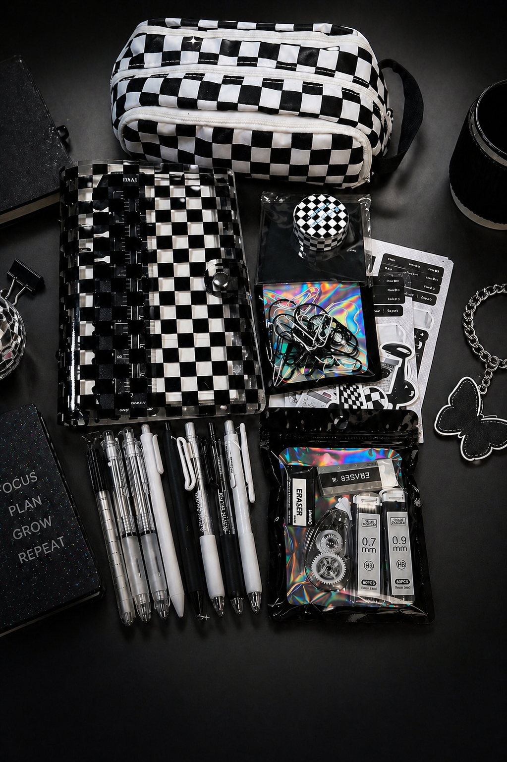 All-In-One Checkerboard Planner Kit – 6-Ring Binder + Pens, Stickers & Full Setup