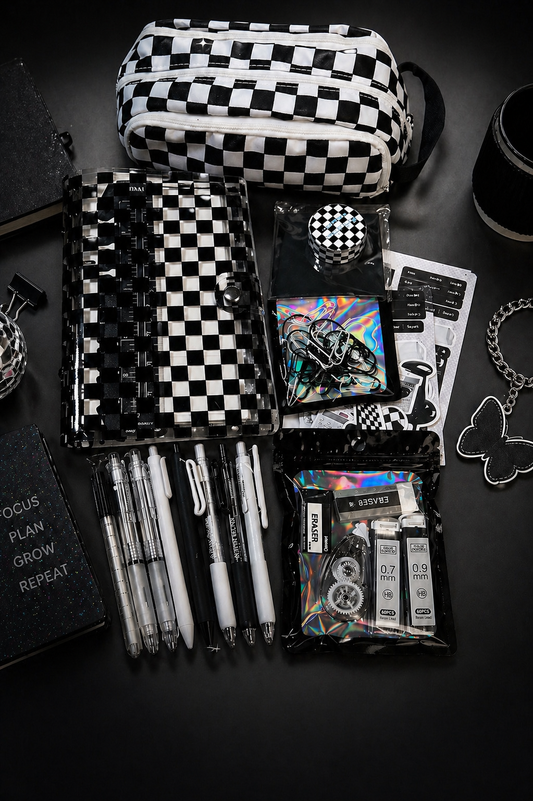 All-In-One Checkerboard Planner Kit – 6-Ring Binder + Pens, Stickers & Full Setup