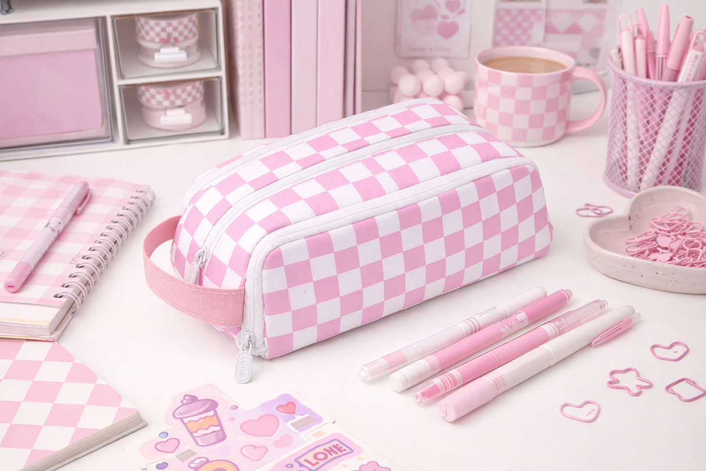 Checkered Double-Zip Pouch (Black, Lavender, Pink)