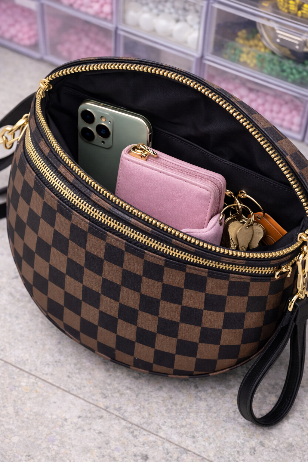 Checkerboard Crossbody Bag - Brown