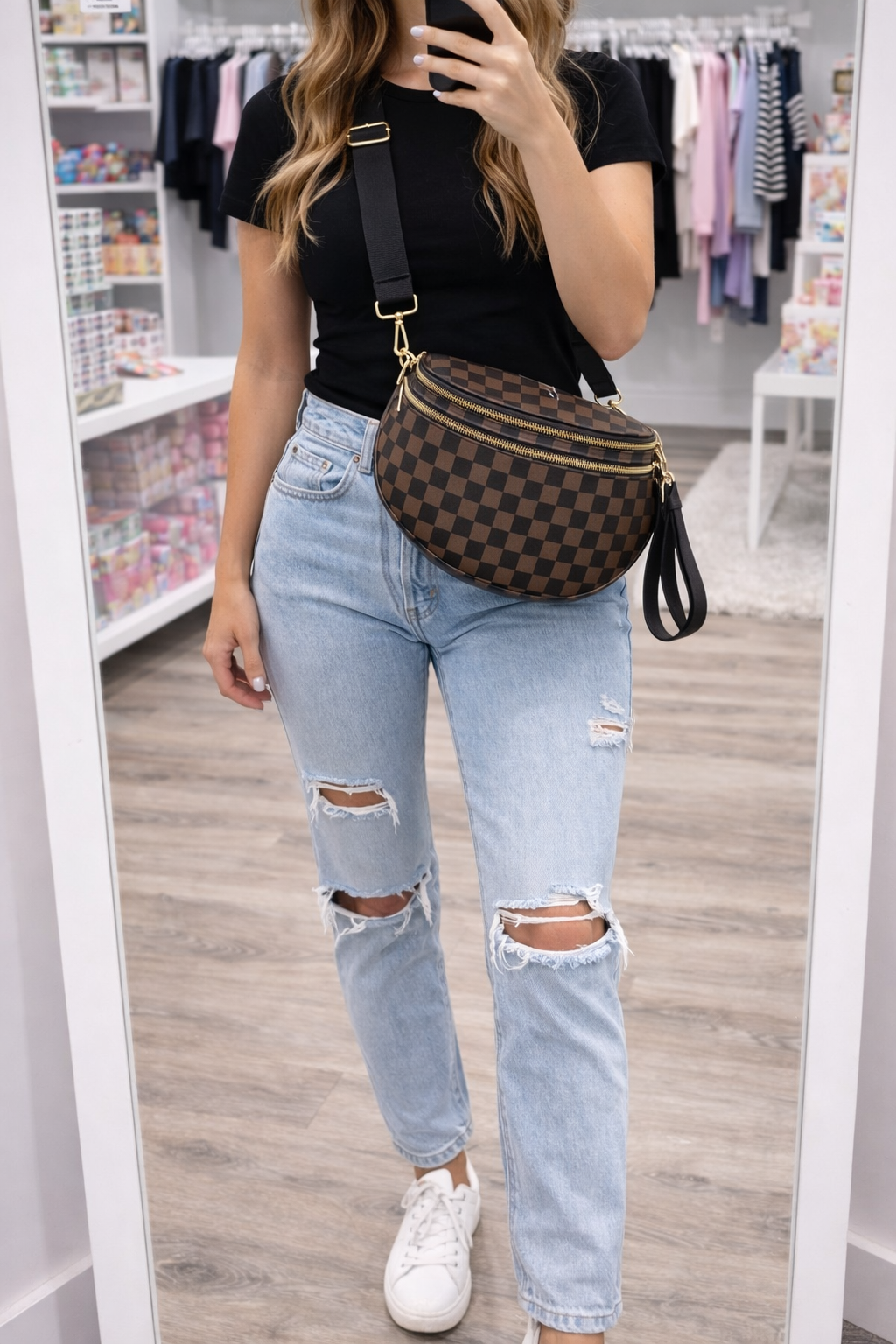 Checkerboard Crossbody Bag - Brown