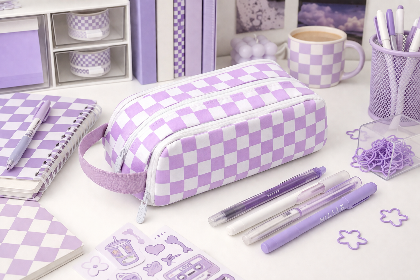 Checkered Double-Zip Pouch (Black, Lavender, Pink)