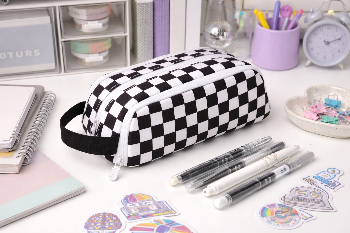 Checkered Double-Zip Pouch (Black, Lavender, Pink)