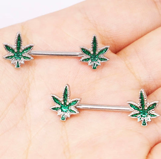 Cannabis Leaf Nipple Barbell Set (2-Pack) – 14G / 14mm