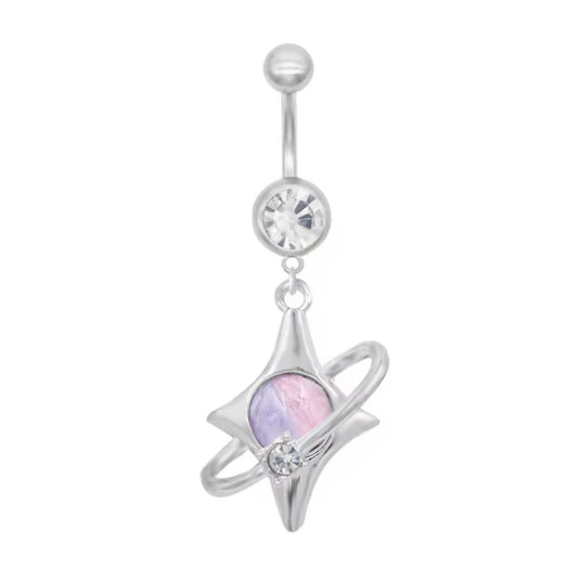 Cosmic Planet Belly Button Ring – Silver with Opal & CZ Accents (14G / 10mm)
