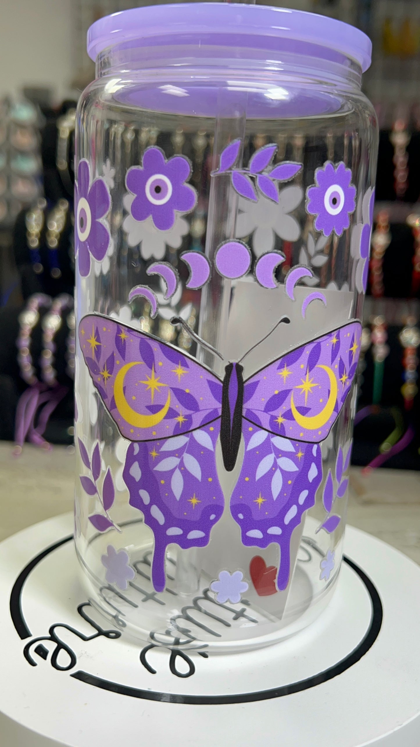 Purple Butterfly Glass 16oz Cup