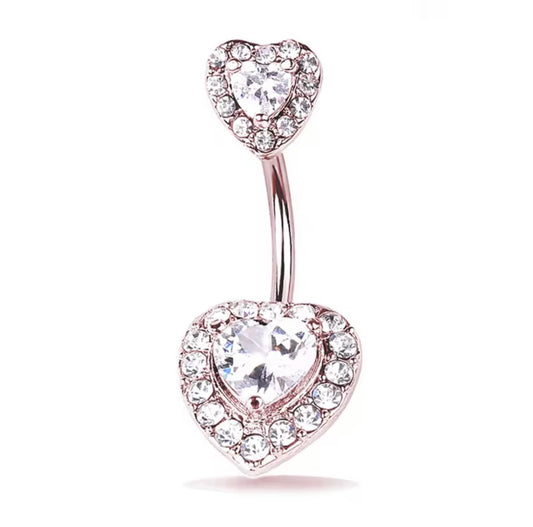 Silver & Rose Gold Double Heart CZ Belly Ring (14G / 10mm)