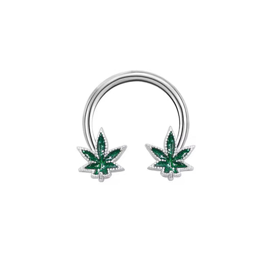 Silver Cannabis Leaf Horseshoe Barbell – 16G / 10mm