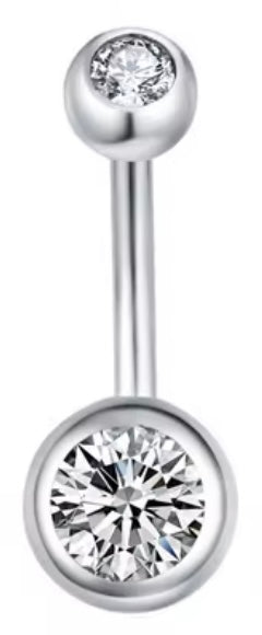 Silver Double CZ Navel Barbell – 14G / 10mm