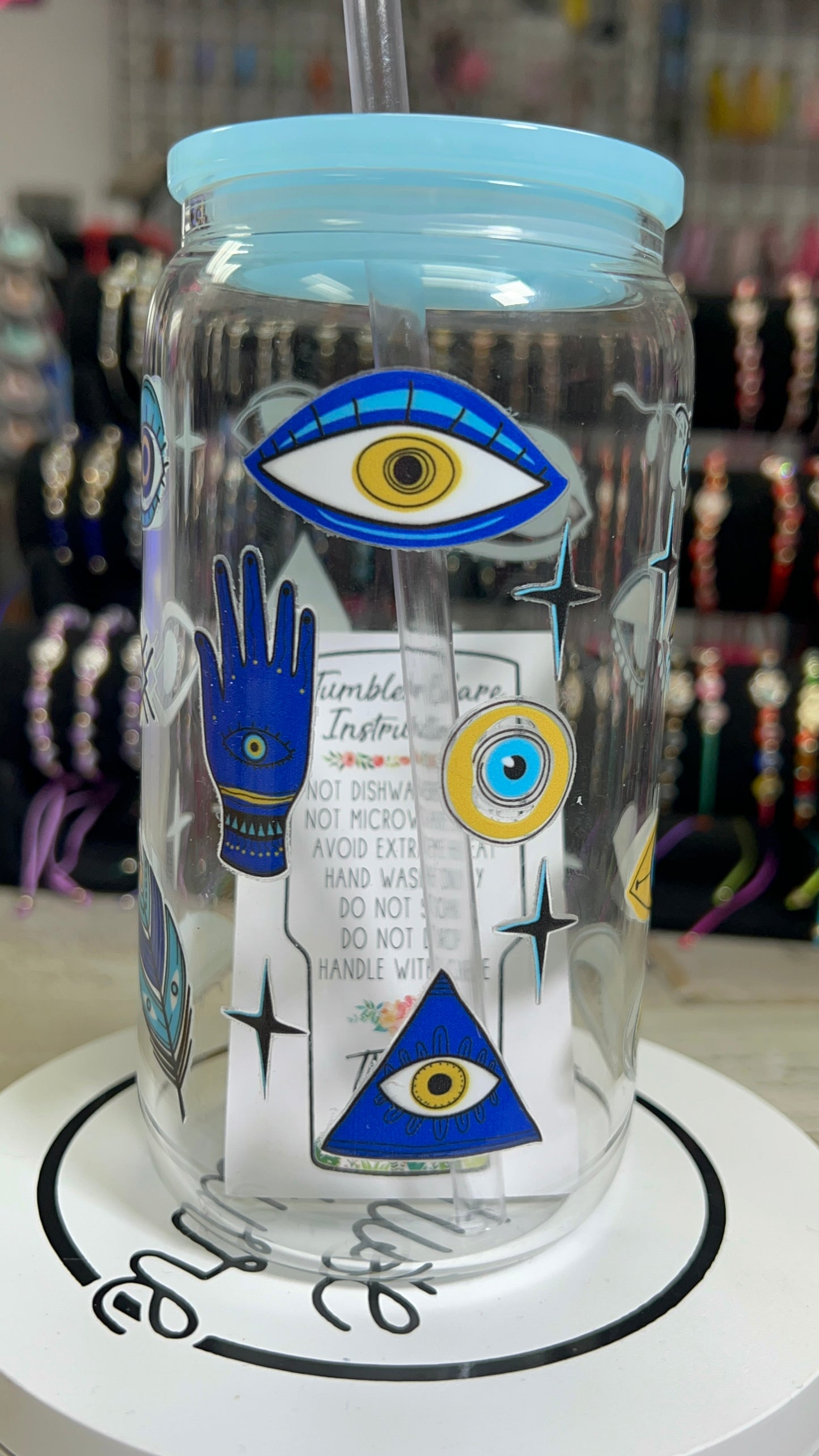 Blue Evil Eye 16oz Glass Cup
