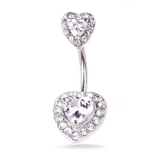 Silver & Rose Gold Double Heart CZ Belly Ring (14G / 10mm)