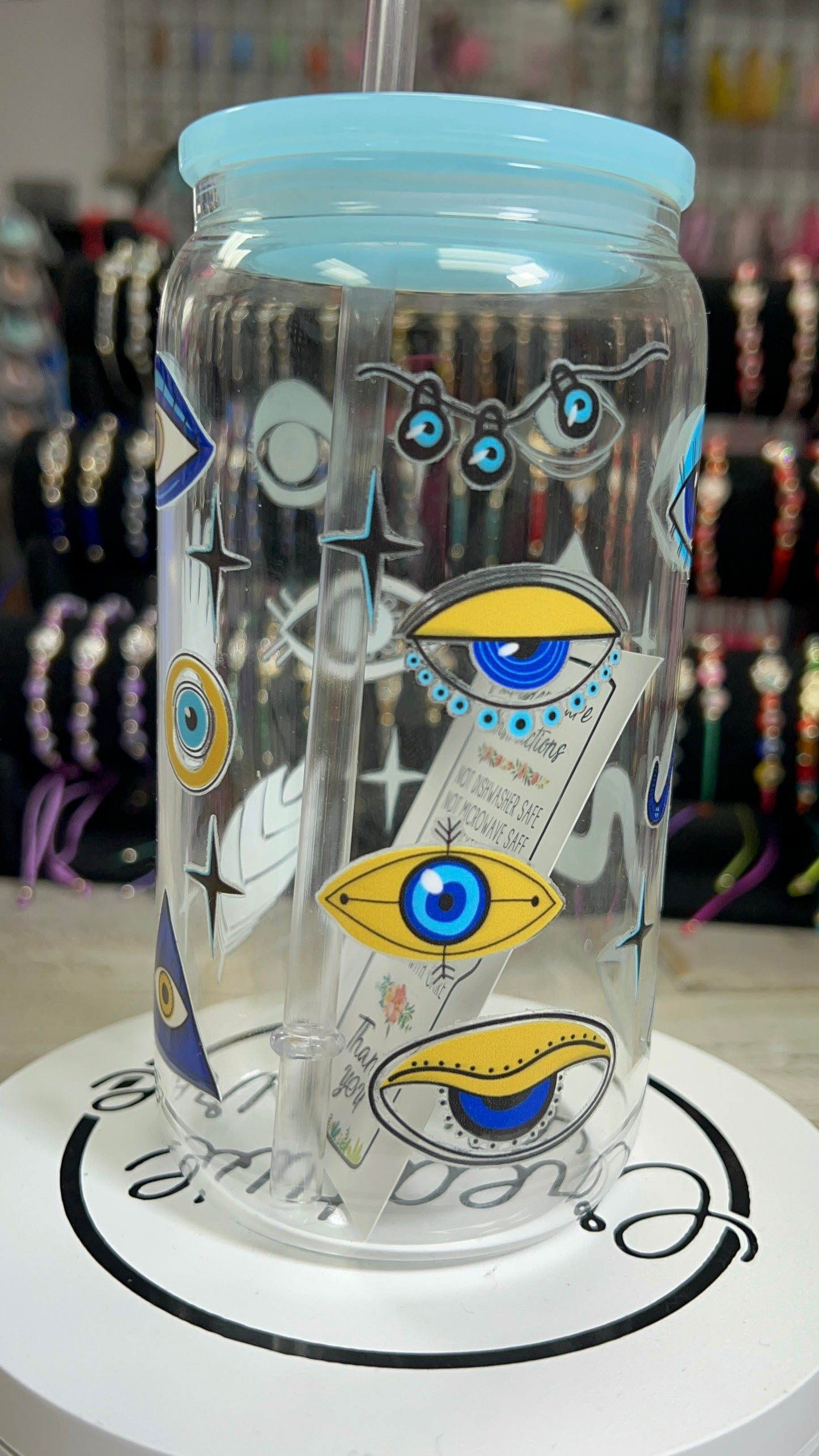 Blue Evil Eye 16oz Glass Cup