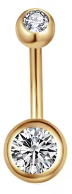Gold Double CZ Navel Barbell – 14G / 10mm