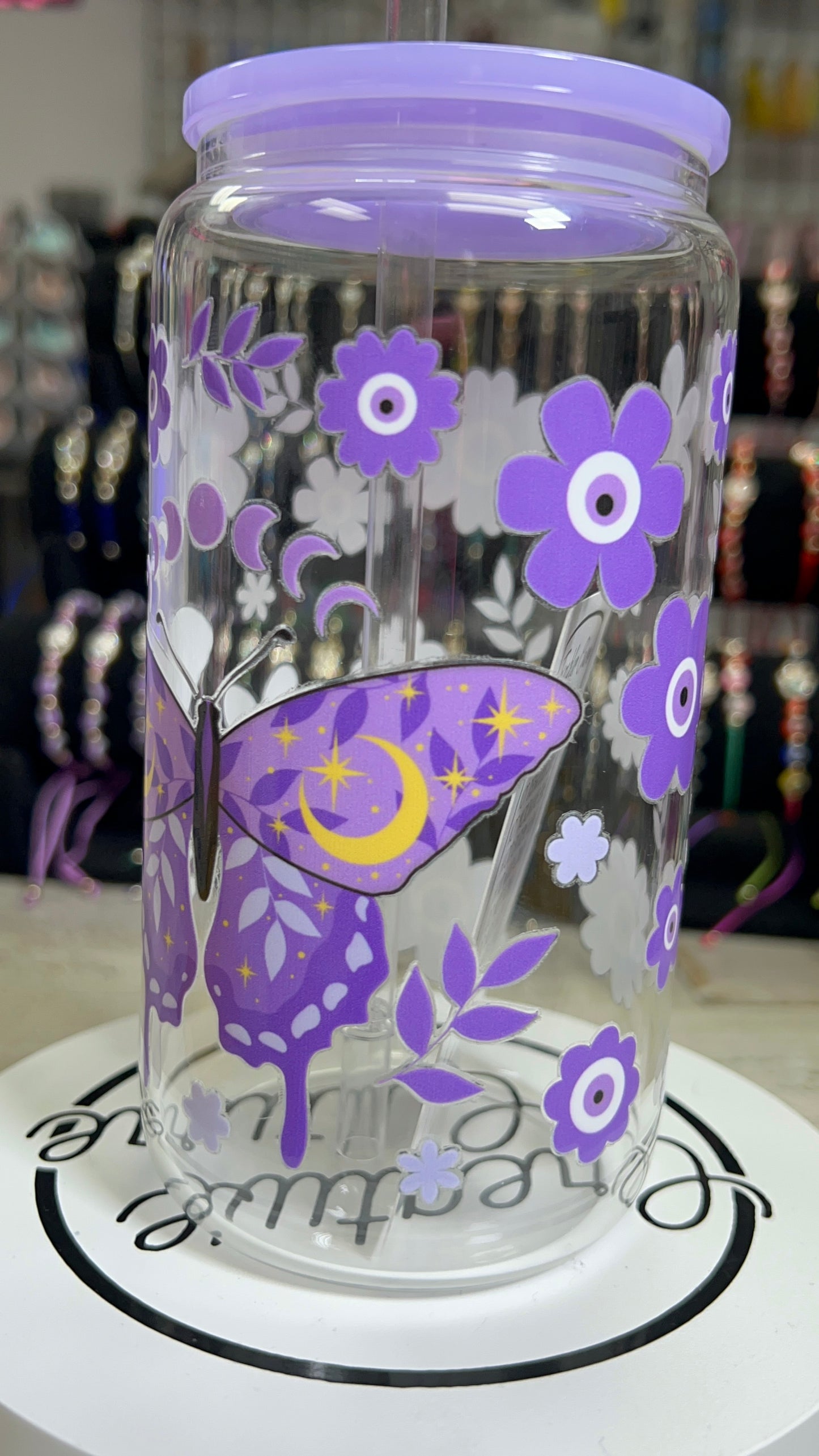 Purple Butterfly Glass 16oz Cup
