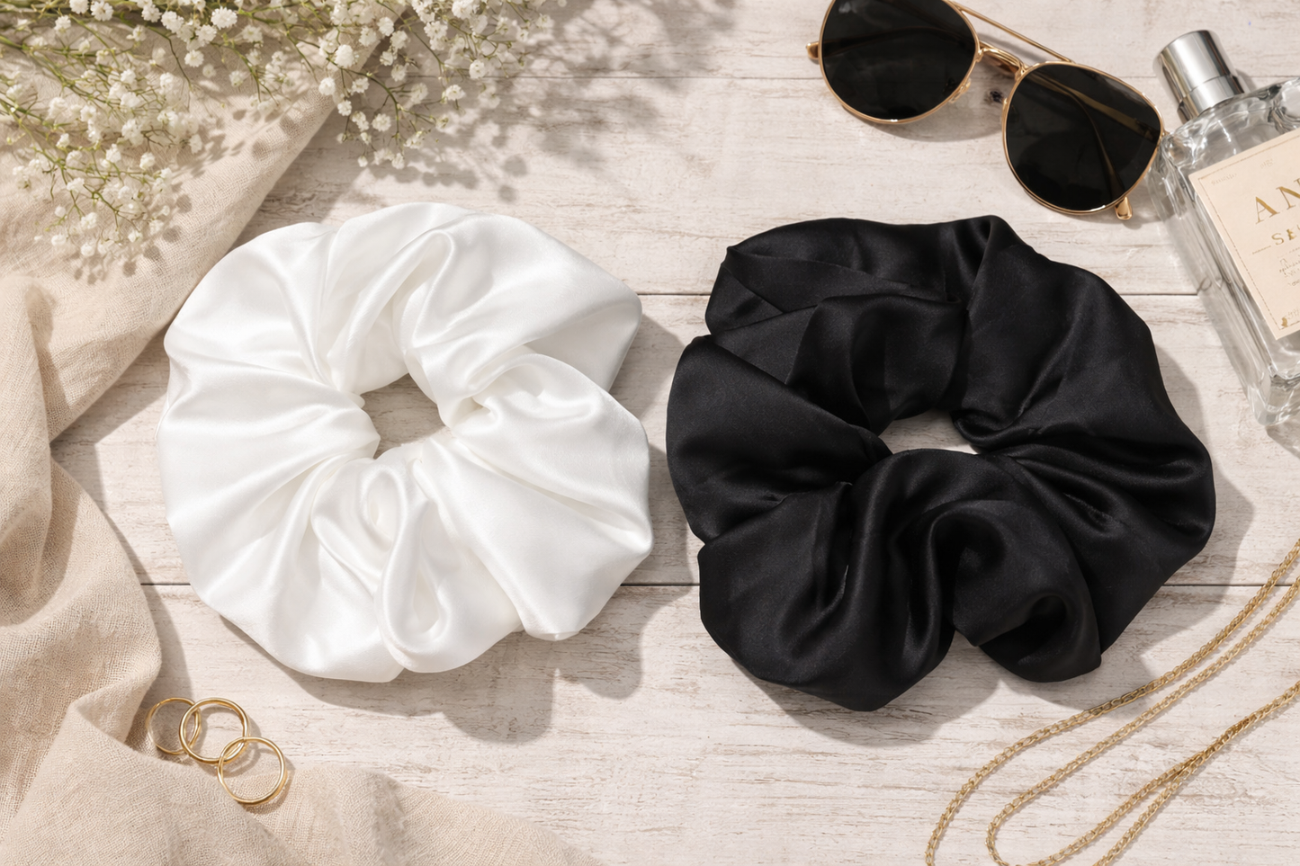 Oversized Satin Scrunchie Set – Black & Ivory (2 Pack)