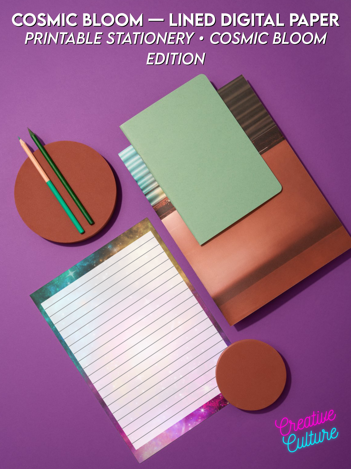 Cosmic Bloom — Lined Digital Paper (Printable Stationery)