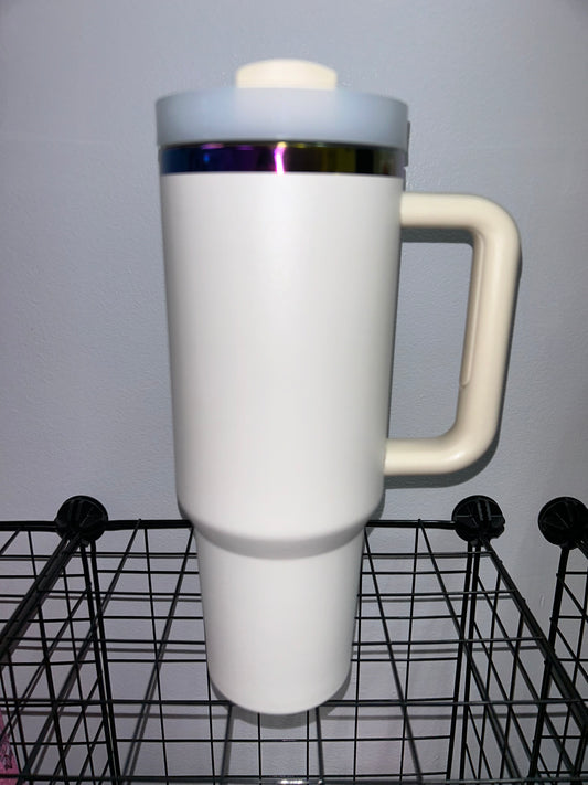 Close-up of a 40oz Rainbow Stainless Steel Tumbler with a handle, available in black pearl, white, light pink, hot pink, and teal, showcasing the sleek, insulated design perfect for hot and cold beverages.
